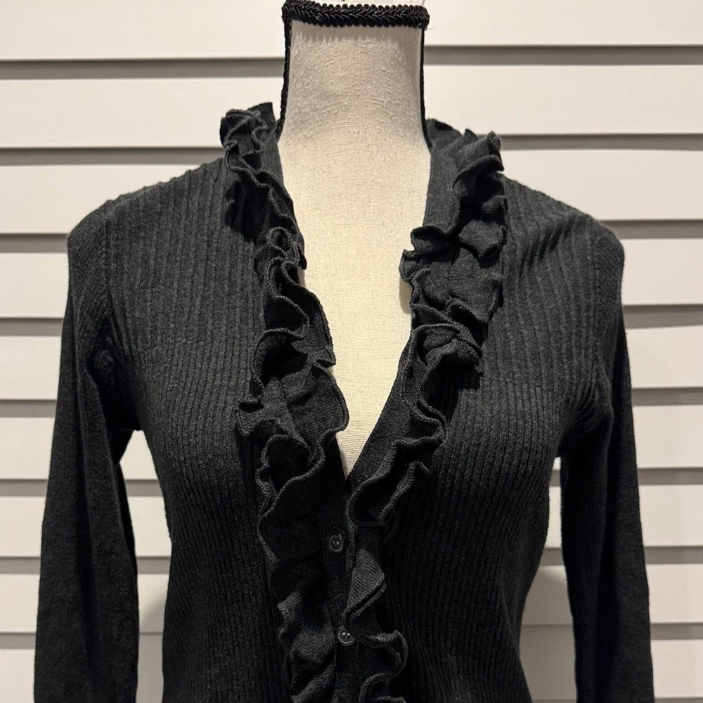 The Limited Gray ribbed ruffle button down V-Neck Sweater - Picture 2 of 11